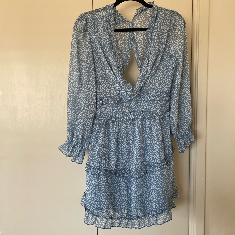 Light Blue White Floral Ruffle Mini Dress Open Back Long Sleeve NWOT S